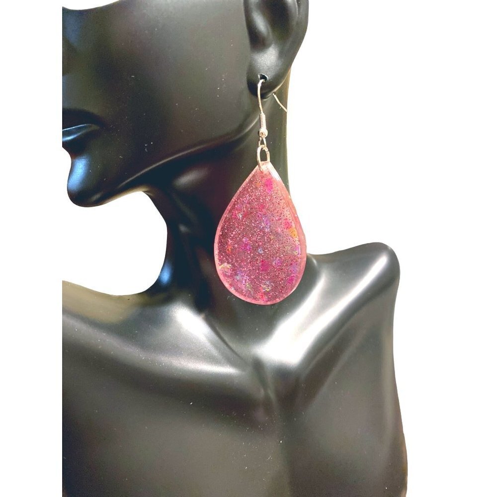 Sparkly Pink‎ Resin Teardrop Dangle Earrings Fun Party Statement Jewelry